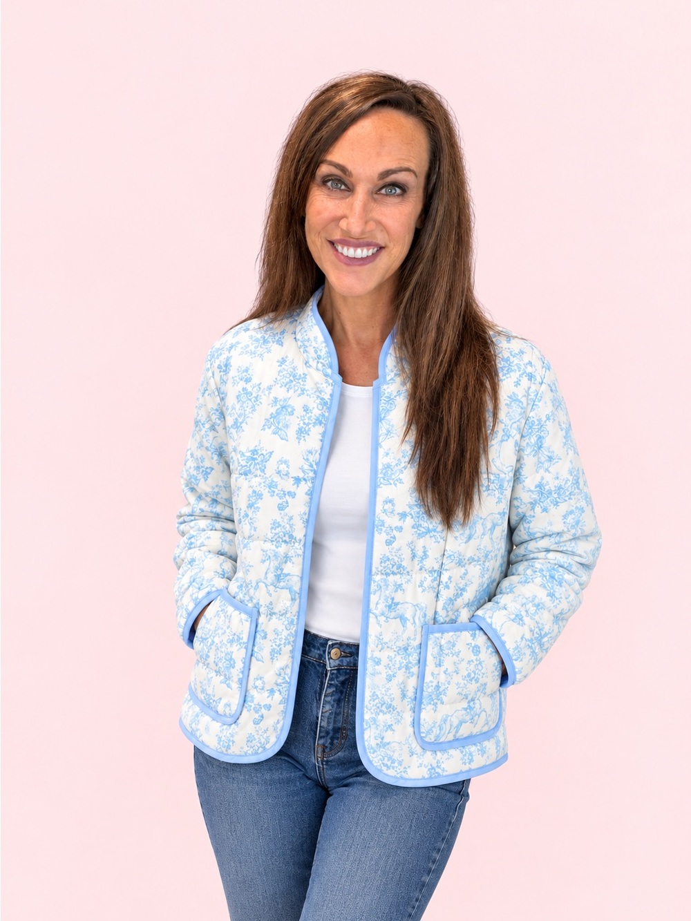 Main Strip Light Blue Equestrian Toile Floral Quilted Jacket